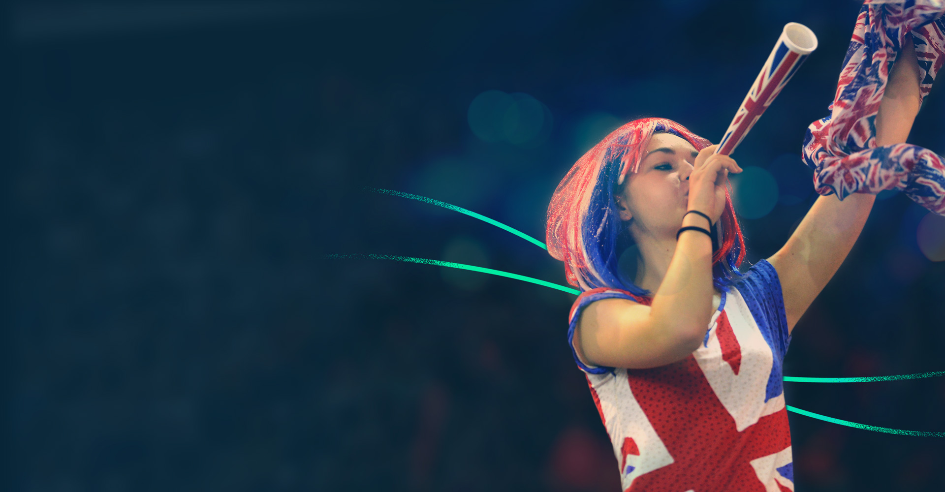 A British spectator blowing a vuvuzela at the 2014 World Championships